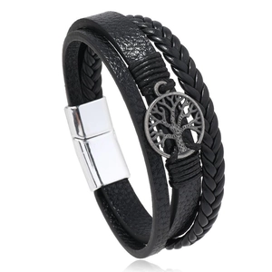 Bracelet multicouche en cuir tressé noir avec arbre de vie et fermoir magnétique