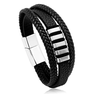 Bracelet multicouche en cuir tressé noir pour homme avec fermoir magnétique et décorations