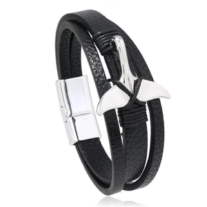 Multi-layer black leather bracelet featuring silver whale tail and magnetic clasp
