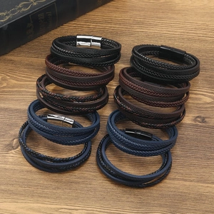 Bracelets multicouches en cuir tressé pour hommes avec fermoir magnétique en métal