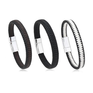 Three-piece braided leather bracelets for men featuring stainless steel magnetic clasps