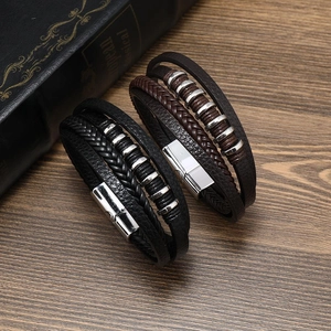 Bracelet Homme Vintage Multicouche en Cuir PU Tressé Avec Fermoir Magnétique en Alliage Bijoux de Style Punk Cadeau