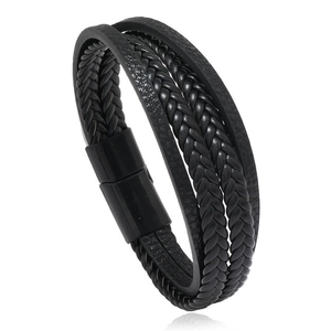 Men's multilayer braided black leather bracelet with sleek rectangular magnetic clasp