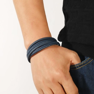Bracelet multicouche en cuir tressé bleu marine pour homme avec fermoir magnétique