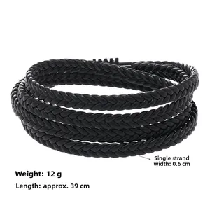 Detail of multi-layer black braided leather bracelet with magnetic clasp and dimensions