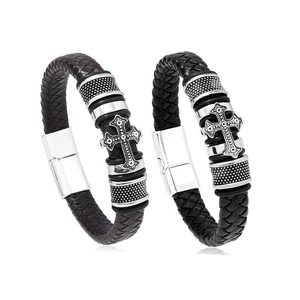 Men's retro braided leather bracelets set featuring cross charm and silver metal accents