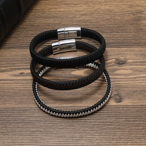 Three-piece set of woven leather bracelets for men with polished magnetic metal clasps