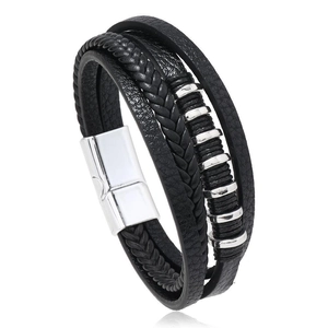 Bracelet multicouche en cuir tressé noir pour homme avec anneaux et fermoir magnétique
