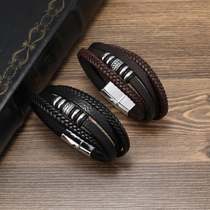 Men Vintage Multi-layer Braided Leather Bracelet Alloy Leaf Charm Punk Wrap Bracelet With Magnetic Clasp Fashion Jewelry