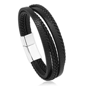 Bracelet multicouche en cuir noir pour homme avec fermoir magnétique en métal argenté