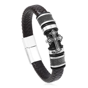 Men's braided leather bracelet with vintage cross charm and polished silver magnetic clasp