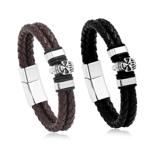 Men's punk braided leather bracelets with skull charms in black and brown finishes