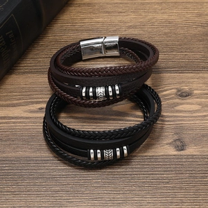 Men's multilayer braided leather bracelets with vintage metal beads and magnetic clasp