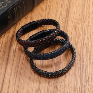 Three-layer braided leather bracelet with red blue and silver stitching and magnetic clasp