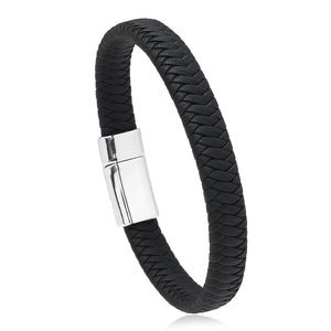 Classic men's black braided leather bracelet featuring a sleek silver magnetic metal clasp