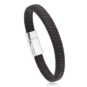 Detail of woven brown and black leather bracelet featuring a silver polished magnetic clasp