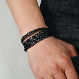 Men's minimalist multilayer braided leather wrap bracelet in black trendy retro style