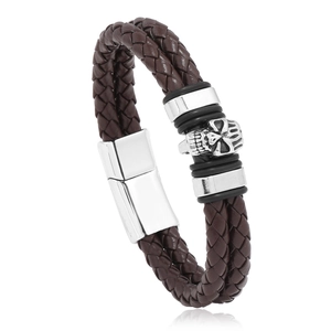 Braided leather skull bracelet for men with silver magnetic clasp on white background