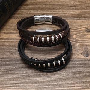 Bracelet multicouche en cuir tressé avec fermoir magnétique en acier inoxydable
