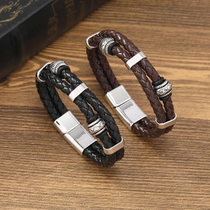 Herren Retro Doppelstöckig Geflochtenes PU Lederarmband Mit Legierung Magnetverschluss Geometrisches Muster Perle Armreif Mode Schmuck