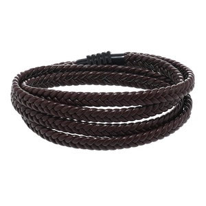 Minimalist multi-layer dark brown braided leather bracelet with black magnetic clasp