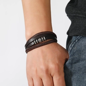 Men's multilayer braided brown leather bracelet with vintage engraved metal accents