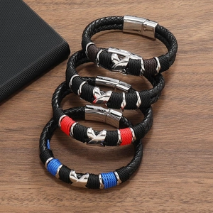 Men's multilayer woven leather bracelet set with magnetic clasp in four colors