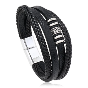 Men's multilayer black braided leather bracelet with silver leaf metal accent and magnetic clasp