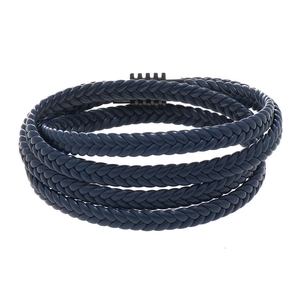 Detail shot of navy blue triple-layer leather braided bracelet with matte black magnetic clasp