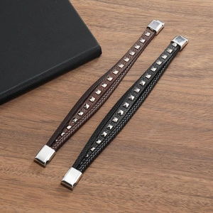 Retro multi-layer leather bracelets with silver pyramid studs and magnetic buckle