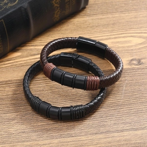 Mens vintage woven leather bracelets in black and brown with matte magnetic clasps