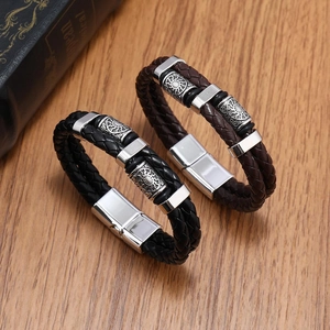 Bracelet en Cuir Tressé Viking Vintage pour Hommes Motif Nordique Alliage Fermoir Magnétique Punk Rock Bijoux