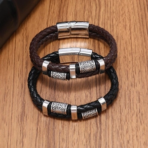Bracelets tressés en cuir vintage pour hommes avec breloques rétro et fermoirs magnétiques