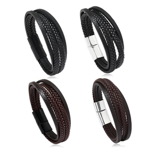 Men's multi-layer braided leather bracelet set with magnetic metal clasp on white background