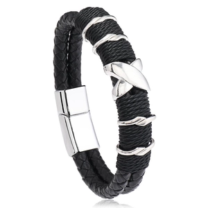 Men's multi-layer braided leather bracelet with silver magnetic clasp and X-details
