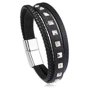 Men's retro black layered leather bracelet with silver pyramid studs and magnetic clasp