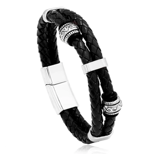 Zweilagiges geflochtenes Lederarmband für Herren mit Silberperlen und Magnetverschluss