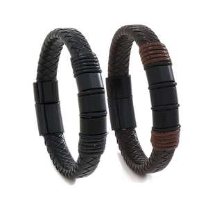 Men's retro braided leather bracelets with magnetic clasp in black and brown styles