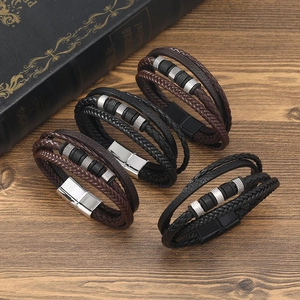 Men Vintage Multilayer Braided Leather Bracelet With Alloy Magnetic Clasp Geometric Retro Fashion Handwoven Wristband Jewelry
