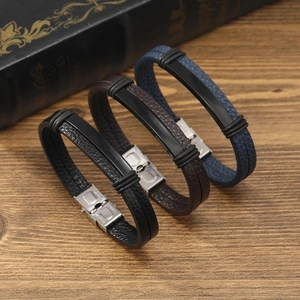 Bracelet pour Hommes en Cuir de Vachette Punk Vintage Fermoir en Métal Acier Inoxydable Tissé à la Main Bijoux