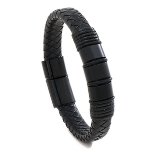 Men's retro braided black leather bracelet with matte metal cylinders and magnetic clasp