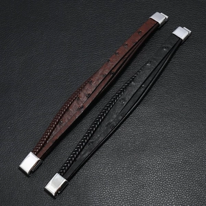 Retro multi-layer men's braided leather bracelet with silver magnetic buckle in black and brown