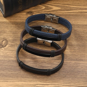 Ensemble de trois bracelets multicouches en cuir pour hommes avec fermoir en acier inoxydable