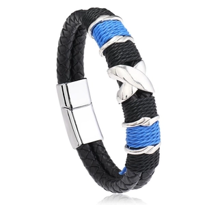 Detail view of double-layer black leather braid with blue cord and magnetic steel clasp