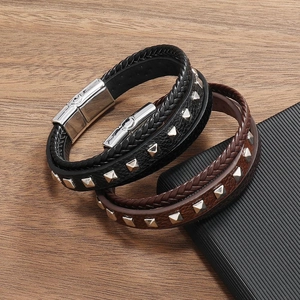 Retro multi-layer leather bracelets for men with silver pyramid studs and magnetic clasp