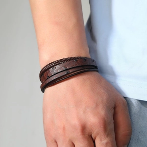 Men's multi-layer dark brown braided leather bracelet with vintage embossed textures