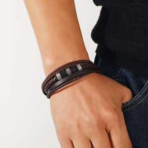 Multi-layer braided leather bracelet for men with magnetic clasp and decorative beads