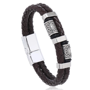 Bracelet pour homme en cuir tressé double tour avec fermoir magnétique gravé soleil
