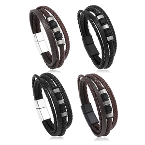 Men's multi-layer braided leather bracelets with beads and magnetic metal clasp