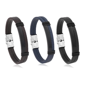 Ensemble de 3 bracelets en cuir tressé avec fermoir en acier inoxydable pour hommes
